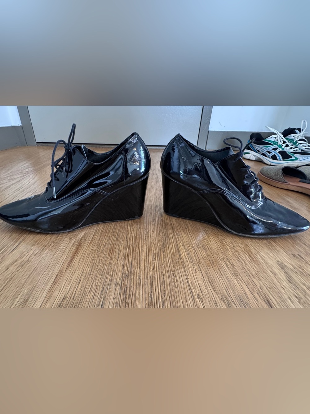 Repetto Black Patent Leather Wedge Oxfords